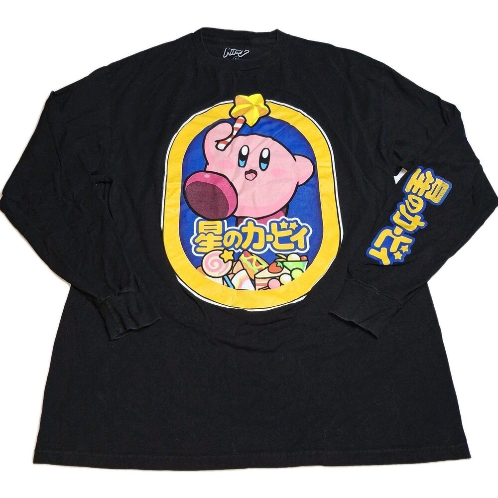 Nintendo Kirby Long Sleeve Shirt Large L Black Graphic Tee HAL Laboratory Gamer